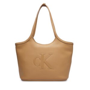 Calvin Klein Bold Ck Δερμάτινη Γυναικεία Τσάντα Ώμου Μπεζ